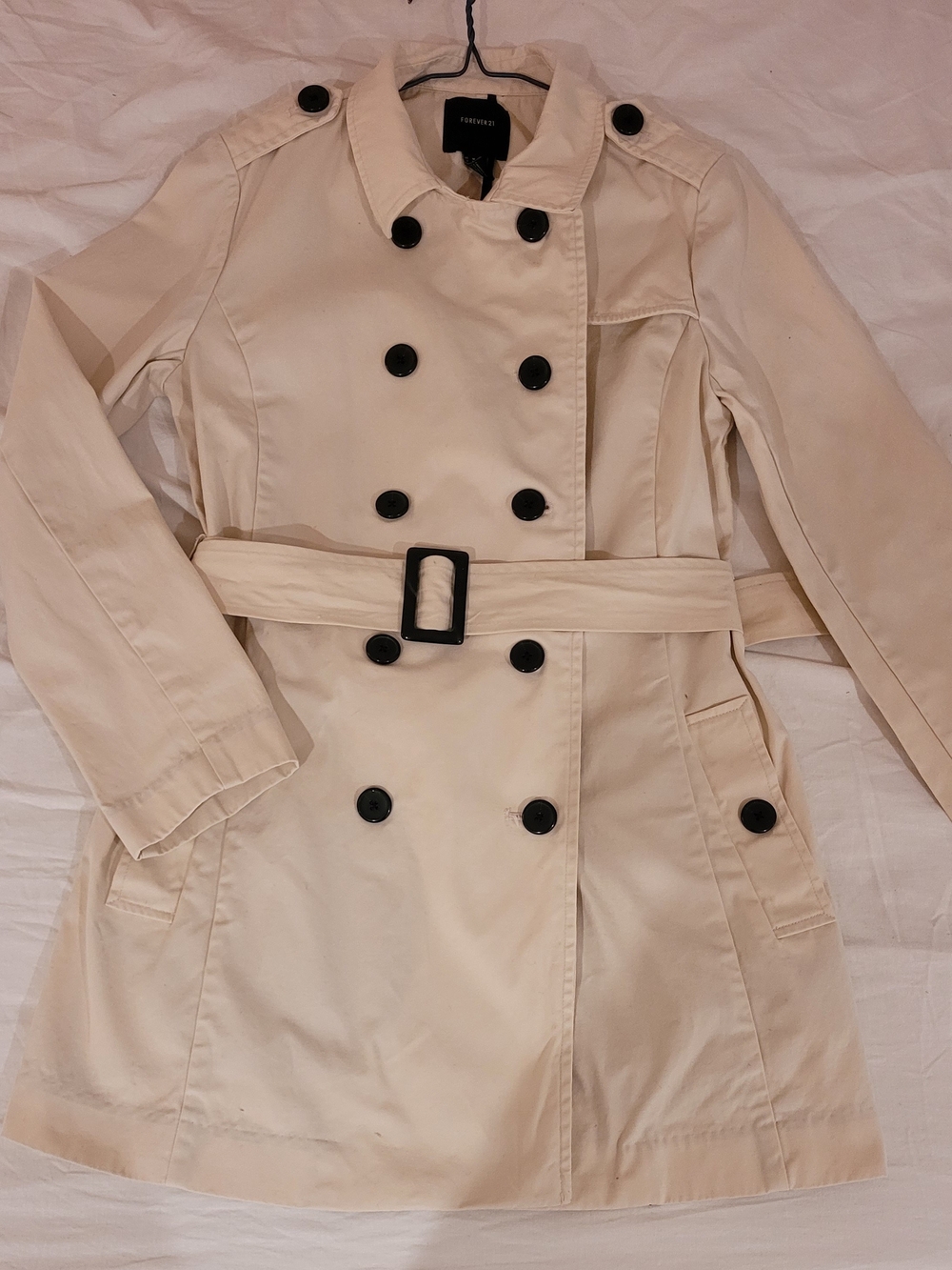 Forever 21 Cream Double-Breasted Trench with Black Buttons